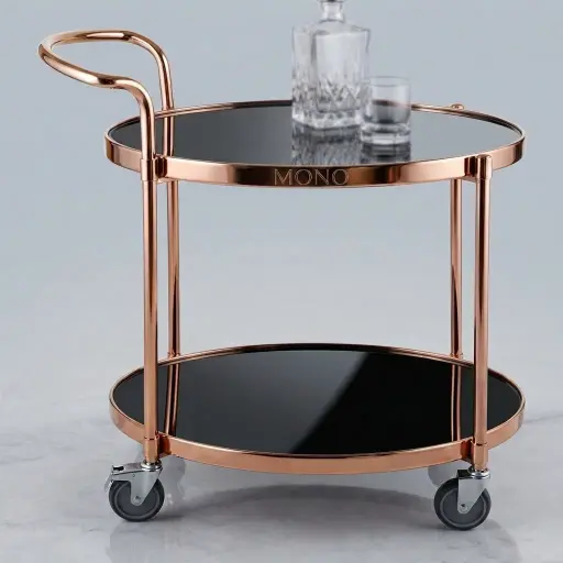 Tempered Glass Two-Layer Oval Service Trolley [1030] — SVT-1030 — A two-tier oval service trolley with a stainless steel frame and tempered glass shelves for elegant room and dining service. Four 360-degree wheels, two lockable, allow smooth movement. Measures 940x480x960mm, in rose gold or black.