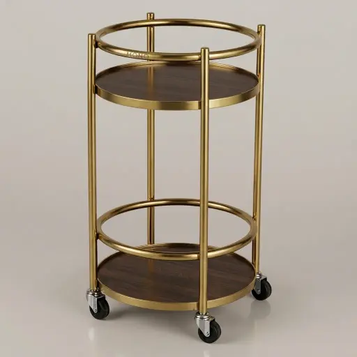 Stainless Steel Two-Layer Round Service Trolley — SVT-1032 — A compact two-tier round service trolley with a stainless steel frame and wooden shelves for tableside and room service. Four 360-degree wheels make it easy to manoeuvre in tight spaces. Measures 40cm across and 675mm tall, finished in gold.