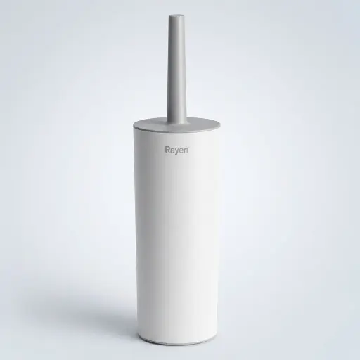 Rayen Toilet Brush With Lid — TBR-1024 — A Rayen toilet brush with a soft-touch handle and long, resistant bristles for effective cleaning. A built-in lid keeps the brush hidden for better hygiene, in an unbreakable, long-lasting design. Available in white or grey.
