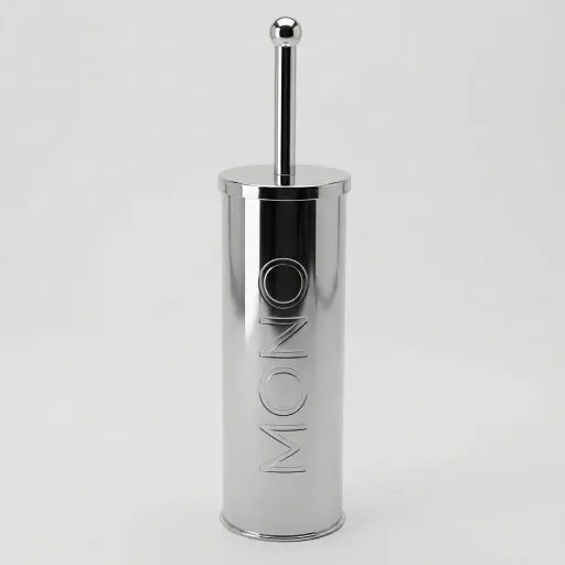 Perfect Toilet Brush Holder Stainless Steel — TBR-1026 — A round freestanding toilet brush and holder in stainless steel for a sleek, hygienic bathroom finish. The holder keeps the brush neatly contained between uses. Finished in silver.