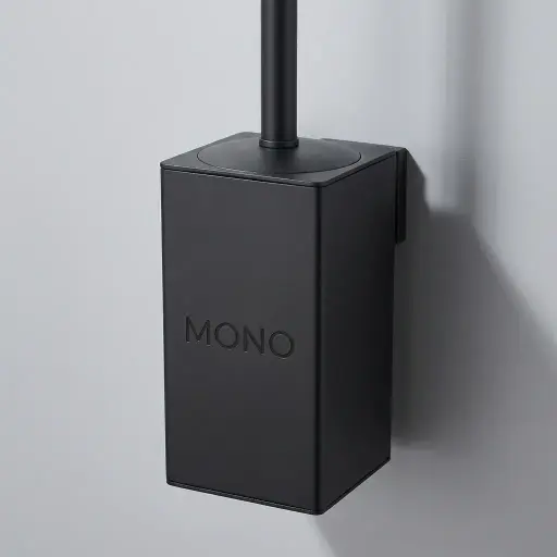 Square Stainless Steel Wall Mount Toilet Brush Holder [1028] — TBR-1028 — A square wall-mounted toilet brush holder in 410 stainless steel with an anti-splash lid and a plastic-lined holder. A 360-degree high-density brush head cleans thoroughly, while the rust-resistant build stays sturdy and tidy. Measures 8x10.5x42cm, in gold, black or chrome.