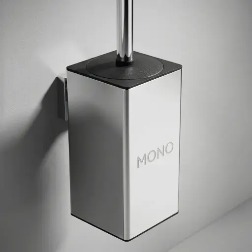 Square Stainless Steel Wall Mount Toilet Brush Holder [1029] — TBR-1029 — A square wall-mounted toilet brush holder in 410 stainless steel with an anti-splash lid and plastic-lined holder. The 360-degree high-density brush head cleans effectively, with a rust-resistant, sturdy build. Measures 8x10.5x42cm, in black, chrome or gold.