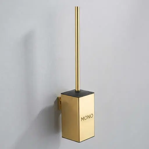 Square Stainless Steel Wall Mount Toilet Brush Holder [1030] — TBR-1030 — A square wall-mounted toilet brush holder in 410 stainless steel with an anti-splash lid and a plastic-lined holder. A 360-degree high-density brush head and rust-resistant build keep cleaning effective and tidy. Measures 8x10.5x42cm, in gold, black or chrome.