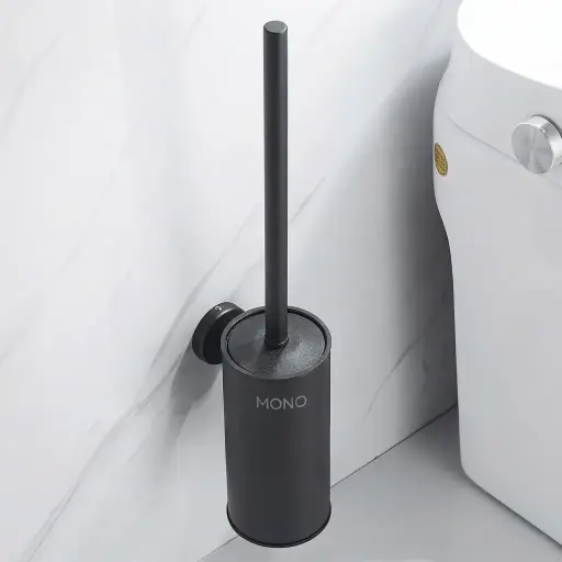 Round Stainless Steel Wall Mount Toilet Brush Holder 190mm [1031] — TBR-1031 — A round wall-mounted toilet brush holder in 410 stainless steel with an anti-splash lid and a plastic-lined holder. A 360-degree high-density brush head cleans thoroughly, with a rust-resistant, sturdy build. Measures 8x10.5x45cm, in gold, black or chrome.