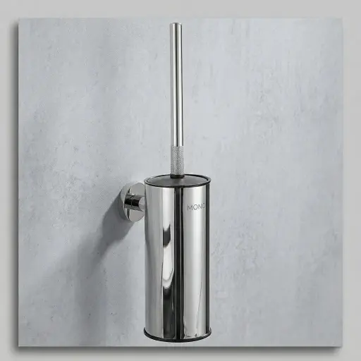 Round Stainless Steel Wall Mount Toilet Brush Holder 190mm [1032] — TBR-1032 — A round wall-mounted toilet brush holder in 410 stainless steel with an anti-splash lid and plastic-lined holder. The 360-degree high-density brush head and rust-resistant build keep cleaning effective and tidy. Measures 8x10.5x45cm, in black, chrome or gold.