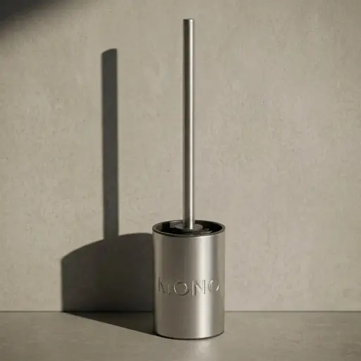 Stainless Steel Wall-Mounted Toilet Brush Holder — TBR-1038 — A round wall-mounted toilet brush holder in 410 stainless steel with a plastic-lined holder and a 360-degree high-density brush head. Rust-resistant and sturdy, it keeps cleaning effective and the bathroom tidy. Measures 9x9x38cm, in chrome or grey.
