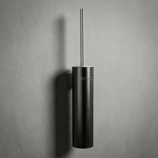 Round Stainless Steel Wall Mount Toilet Brush Holder 280mm Brushed — TBR-1039 — A tall round wall-mounted toilet brush holder in brushed 410 stainless steel with an anti-splash lid and plastic-lined holder. A 360-degree high-density brush head cleans thoroughly, with a rust-resistant, sturdy build. Measures 7.5x10x48.5cm, in grey or chrome.