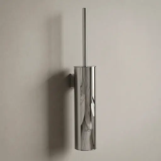 Round Stainless Steel Wall Mount Toilet Brush Holder 280mm — TBR-1040 — A tall round wall-mounted toilet brush holder in 410 stainless steel with an anti-splash lid and a plastic-lined holder. A 360-degree high-density brush head cleans effectively, with a rust-resistant, sturdy build. Measures 7.5x10x48.5cm, in chrome or grey.