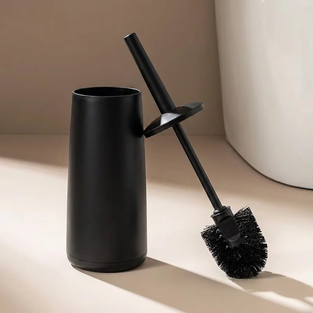 Toilet Brush (Black) — TBR-1041 — A freestanding toilet brush in black with soft, flexible curved bristles that reach under the rim for a thorough clean. The PP body stands 37 cm tall on an 11 cm base and suits any bathroom.