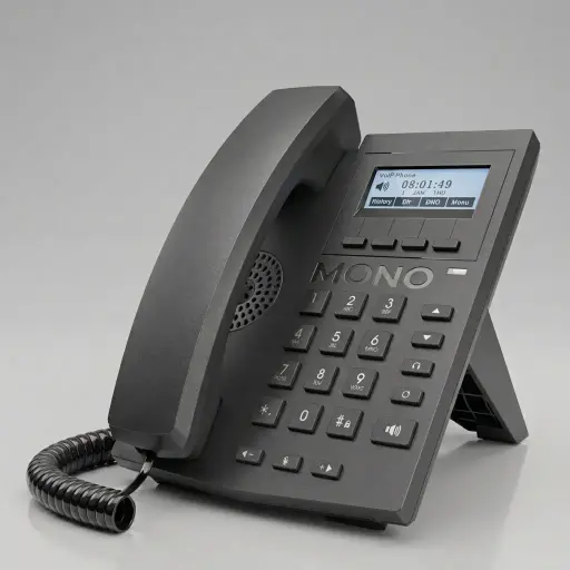 IP Phone with PoE — TEL-1025 — An IP desk phone with two SIP lines and PoE for easy single-cable setup. It supports handset, hands-free and headset use with full call features including transfer, forwarding, 3-way conference, hot-desking and do-not-disturb. A versatile choice for guest rooms and offices, in black or white.