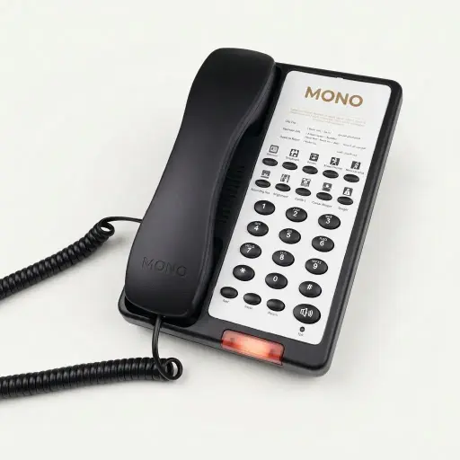 Hotel Desk Telephone with One-Touch Buttons [1028] — TEL-1028 — A hotel desk telephone with a customisable logo panel, one-touch service buttons and a large message-waiting light. Compatible with major PABX systems, it offers 14-digit memory, adjustable flash time, dual-tone ringing and music on hold. Desk or wall mountable, finished in black.