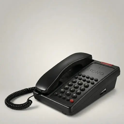 Hotel Desk Telephone with One-Touch Buttons [1030] — TEL-1030 — A hotel desk telephone with a customisable logo panel, one-touch service buttons and a large message-waiting light. Compatible with major PABX systems, it offers adjustable flash time, dual-tone ringing, key-memory storage and music on hold. Desk or wall mountable, finished in black.