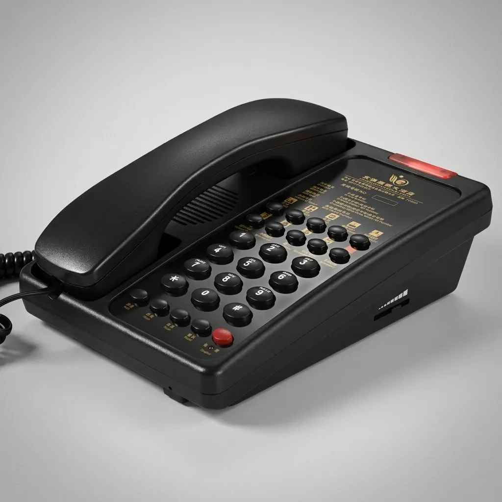 Hotel Desk Telephone with One-Touch Buttons [1030] — TEL-1030 — A hotel desk telephone with a customisable logo panel, one-touch service buttons and a large message-waiting light. Compatible with major PABX systems, it offers adjustable flash time, dual-tone ringing, key-memory storage and music on hold. Desk or wall mountable, finished in black. (image 2)