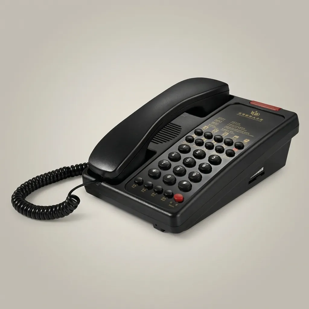 Hotel Desk Telephone with One-Touch Buttons [1030] — TEL-1030 — A hotel desk telephone with a customisable logo panel, one-touch service buttons and a large message-waiting light. Compatible with major PABX systems, it offers adjustable flash time, dual-tone ringing, key-memory storage and music on hold. Desk or wall mountable, finished in black. (image 3)