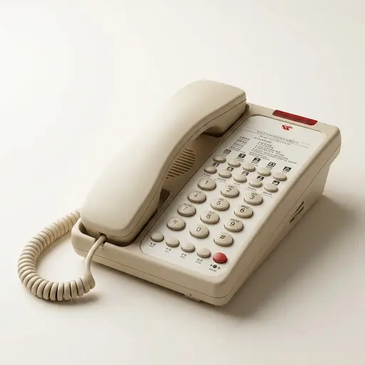 Hotel Desk Telephone with One-Touch Buttons [1031] — TEL-1031 — A hotel desk telephone with a customisable logo panel, one-touch service buttons and a large message-waiting light. Compatible with major PABX systems, it features adjustable flash time, dual-tone ringing, key-memory storage and music on hold. Desk or wall mountable, finished in beige.