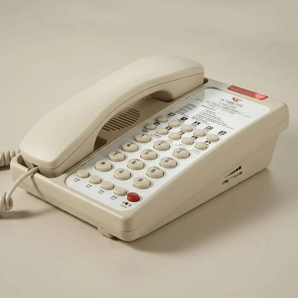 Hotel Desk Telephone with One-Touch Buttons [1031] — TEL-1031 — A hotel desk telephone with a customisable logo panel, one-touch service buttons and a large message-waiting light. Compatible with major PABX systems, it features adjustable flash time, dual-tone ringing, key-memory storage and music on hold. Desk or wall mountable, finished in beige. (image 2)