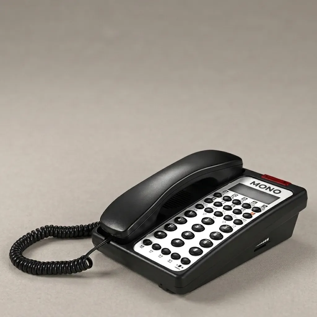 Hotel Display Desk Telephone with One-Touch Buttons [1032] — TEL-1032 — A hotel desk telephone with an LCD caller display, customisable logo panel and one-touch service buttons. It logs 66 incoming and 20 outgoing call records, with adjustable flash time, auto-redial and music on hold. Compatible with major PABX systems, finished in black. (image 1)