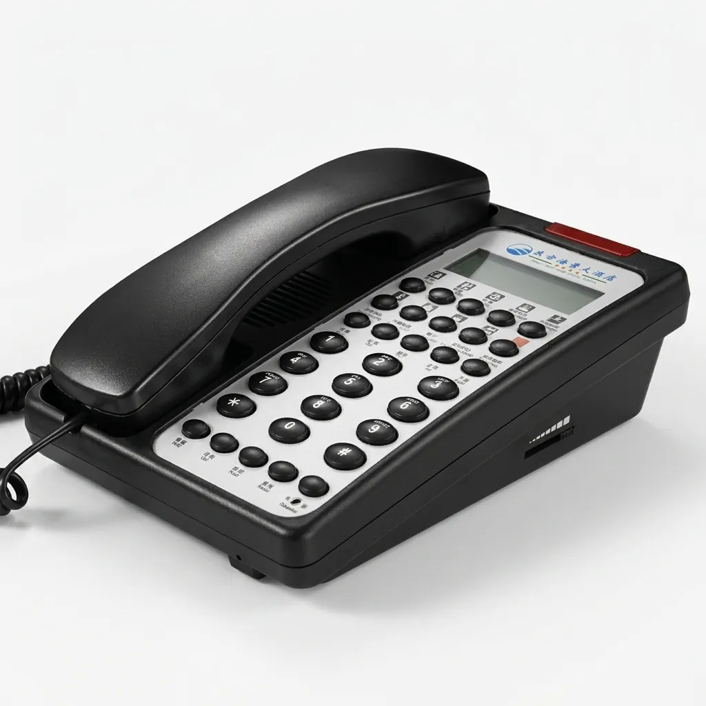 Hotel Display Desk Telephone with One-Touch Buttons [1032] — TEL-1032 — A hotel desk telephone with an LCD caller display, customisable logo panel and one-touch service buttons. It logs 66 incoming and 20 outgoing call records, with adjustable flash time, auto-redial and music on hold. Compatible with major PABX systems, finished in black. (image 2)