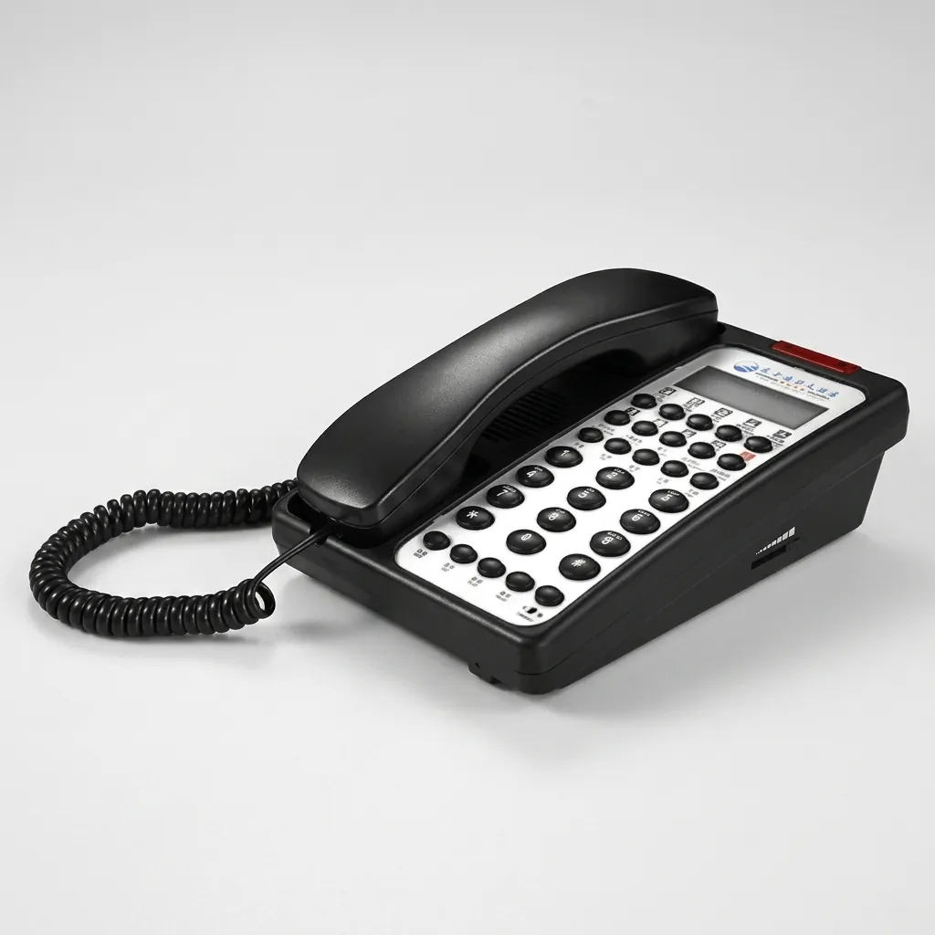 Hotel Display Desk Telephone with One-Touch Buttons [1032] — TEL-1032 — A hotel desk telephone with an LCD caller display, customisable logo panel and one-touch service buttons. It logs 66 incoming and 20 outgoing call records, with adjustable flash time, auto-redial and music on hold. Compatible with major PABX systems, finished in black. (image 3)