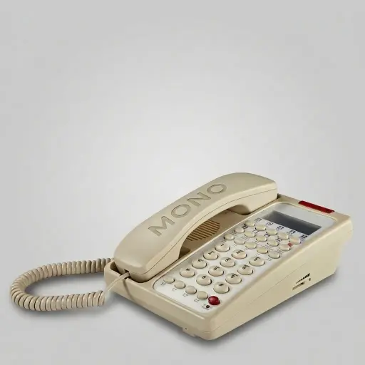 Hotel Display Desk Telephone with One-Touch Buttons [1033] — TEL-1033 — A hotel desk telephone with an LCD caller display, customisable logo panel and one-touch service buttons. It logs 66 incoming and 20 outgoing call records, with adjustable flash time, auto-redial and music on hold. Compatible with major PABX systems, finished in beige.