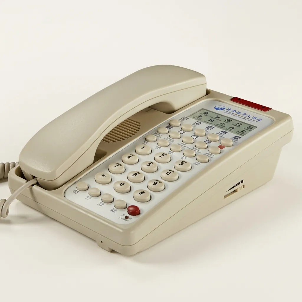 Hotel Display Desk Telephone with One-Touch Buttons [1033] — TEL-1033 — A hotel desk telephone with an LCD caller display, customisable logo panel and one-touch service buttons. It logs 66 incoming and 20 outgoing call records, with adjustable flash time, auto-redial and music on hold. Compatible with major PABX systems, finished in beige. (image 2)