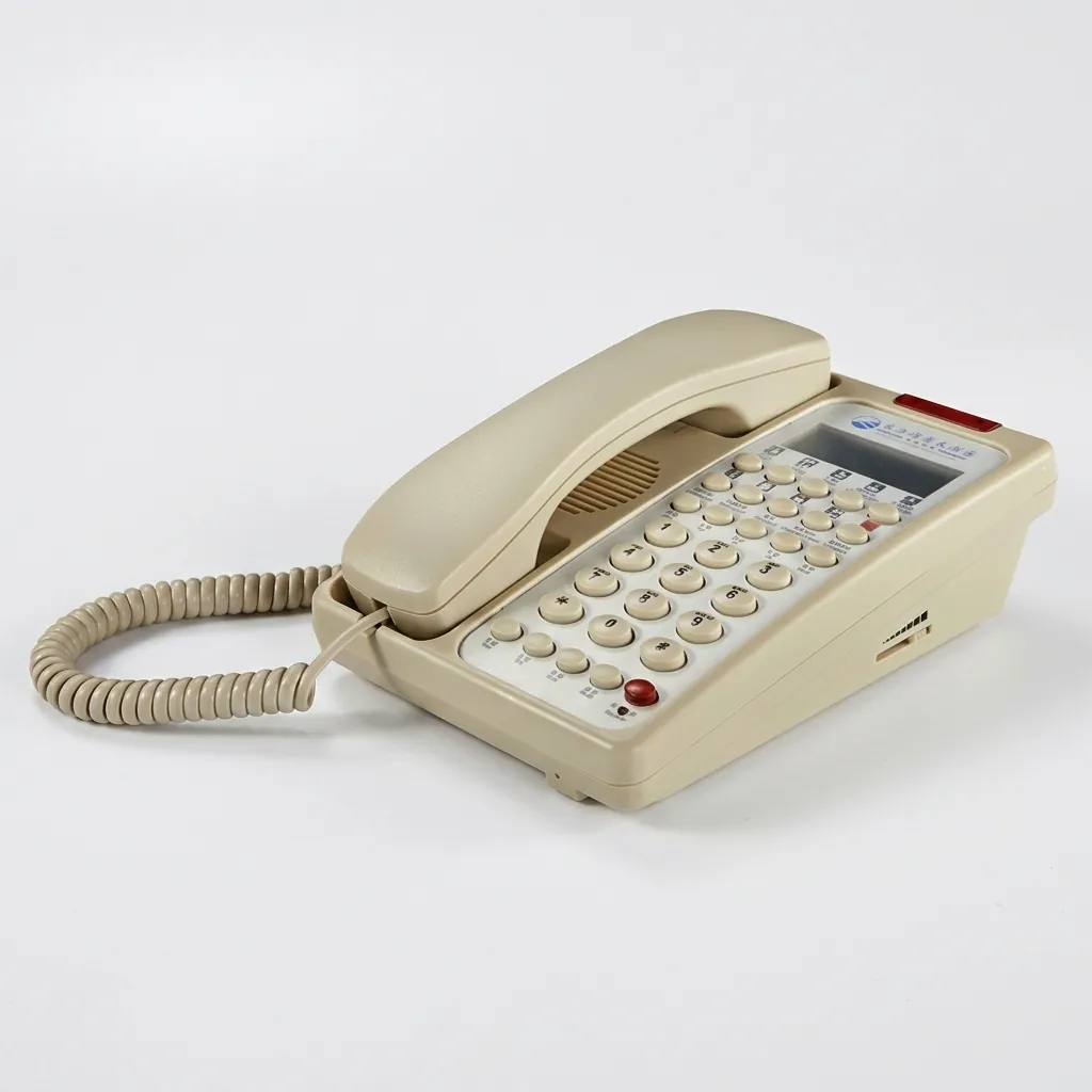 Hotel Display Desk Telephone with One-Touch Buttons [1033] — TEL-1033 — A hotel desk telephone with an LCD caller display, customisable logo panel and one-touch service buttons. It logs 66 incoming and 20 outgoing call records, with adjustable flash time, auto-redial and music on hold. Compatible with major PABX systems, finished in beige. (image 3)