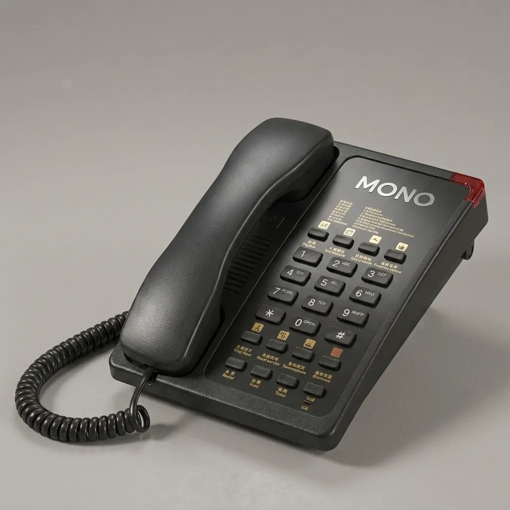Hotel Desk Telephone with One-Touch Buttons [1034] — TEL-1034 — A hotel desk telephone with a customisable logo panel and six one-touch service buttons for fast guest dialling. Compatible with major PABX systems, it offers 14-digit memory, adjustable flash time, dual-tone ringing and a ringer indicator light. Desk or wall mountable, finished in black. (image 1)