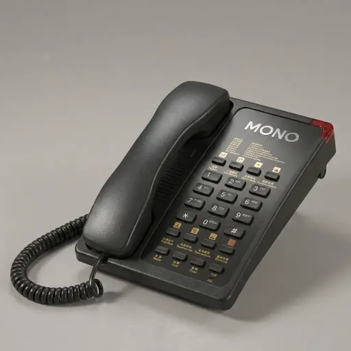 Hotel Desk Telephone with One-Touch Buttons [1034] — TEL-1034 — A hotel desk telephone with a customisable logo panel and six one-touch service buttons for fast guest dialling. Compatible with major PABX systems, it offers 14-digit memory, adjustable flash time, dual-tone ringing and a ringer indicator light. Desk or wall mountable, finished in black.