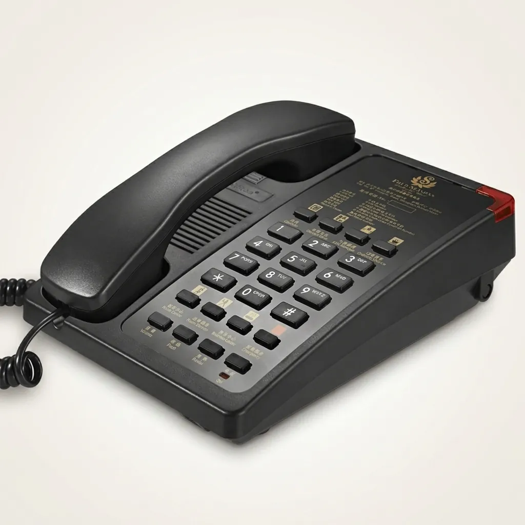 Hotel Desk Telephone with One-Touch Buttons [1034] — TEL-1034 — A hotel desk telephone with a customisable logo panel and six one-touch service buttons for fast guest dialling. Compatible with major PABX systems, it offers 14-digit memory, adjustable flash time, dual-tone ringing and a ringer indicator light. Desk or wall mountable, finished in black. (image 2)