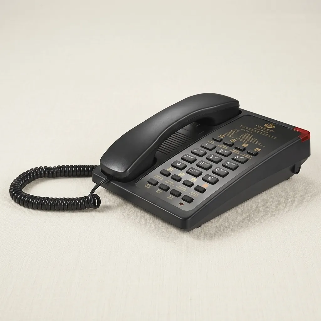 Hotel Desk Telephone with One-Touch Buttons [1034] — TEL-1034 — A hotel desk telephone with a customisable logo panel and six one-touch service buttons for fast guest dialling. Compatible with major PABX systems, it offers 14-digit memory, adjustable flash time, dual-tone ringing and a ringer indicator light. Desk or wall mountable, finished in black. (image 3)