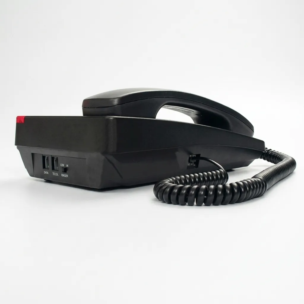 Hotel Desk Telephone with One-Touch Buttons [1034] — TEL-1034 — A hotel desk telephone with a customisable logo panel and six one-touch service buttons for fast guest dialling. Compatible with major PABX systems, it offers 14-digit memory, adjustable flash time, dual-tone ringing and a ringer indicator light. Desk or wall mountable, finished in black. (image 5)