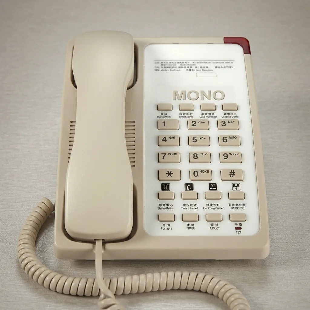 Hotel Desk Telephone with One-Touch Buttons [1035] — TEL-1035 — A hotel desk telephone with a customisable logo panel and six one-touch service buttons for quick guest calls. Compatible with major PABX systems, it features 14-digit memory, adjustable flash time, dual-tone ringing and a ringer indicator light. Desk or wall mountable, finished in beige. (image 1)