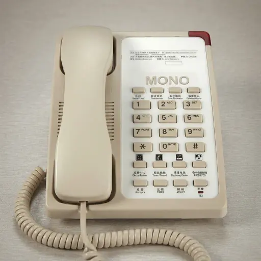 Hotel Desk Telephone with One-Touch Buttons [1035] — TEL-1035 — A hotel desk telephone with a customisable logo panel and six one-touch service buttons for quick guest calls. Compatible with major PABX systems, it features 14-digit memory, adjustable flash time, dual-tone ringing and a ringer indicator light. Desk or wall mountable, finished in beige.