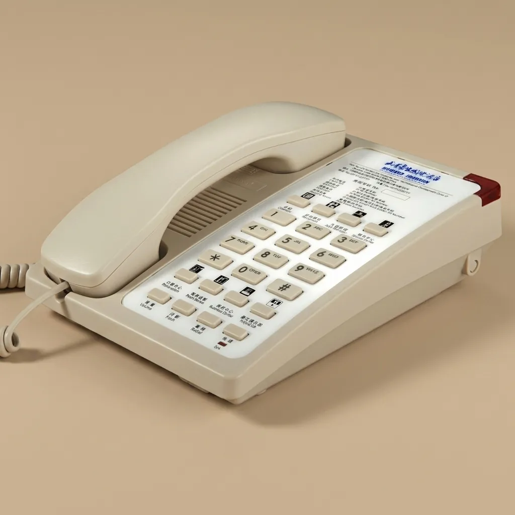 Hotel Desk Telephone with One-Touch Buttons [1035] — TEL-1035 — A hotel desk telephone with a customisable logo panel and six one-touch service buttons for quick guest calls. Compatible with major PABX systems, it features 14-digit memory, adjustable flash time, dual-tone ringing and a ringer indicator light. Desk or wall mountable, finished in beige. (image 2)