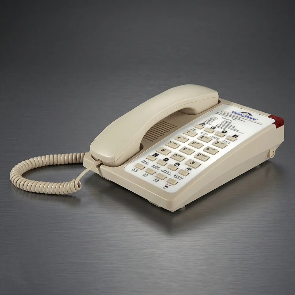 Hotel Desk Telephone with One-Touch Buttons [1035] — TEL-1035 — A hotel desk telephone with a customisable logo panel and six one-touch service buttons for quick guest calls. Compatible with major PABX systems, it features 14-digit memory, adjustable flash time, dual-tone ringing and a ringer indicator light. Desk or wall mountable, finished in beige. (image 3)