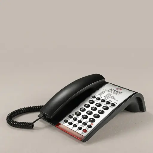 Hotel Desk Telephone with One-Touch Buttons [1036] — TEL-1036 — A hotel desk telephone with a customisable logo panel and one-touch service buttons, built with thunder-proof, anti-EMI and waterproof protection. Compatible with major PABX systems including AVAYA, it offers 14-digit memory, adjustable flash time and music on hold. Finished in black with a data socket.