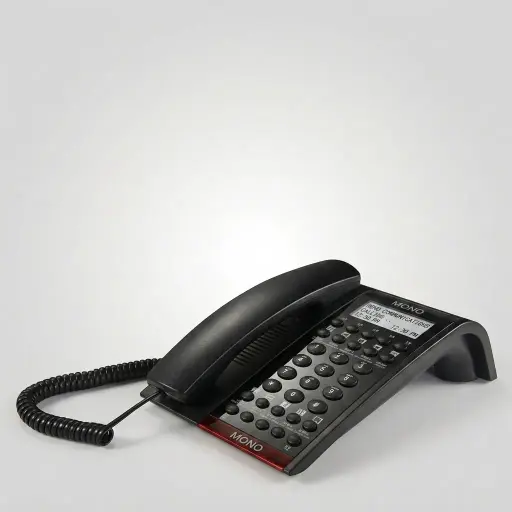 Hotel Display Desk Telephone with One-Touch Buttons [1038] — TEL-1038 — A hotel display desk telephone with a customisable logo panel and one-touch service buttons, built with thunder-proof, anti-EMI and waterproof protection. Compatible with major PABX systems including AVAYA, it offers 14-digit memory, adjustable flash time and music on hold. Finished in black with a data socket.