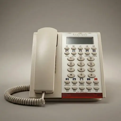 Hotel Display Desk Telephone with One-Touch Buttons [1039] — TEL-1039 — A hotel display desk telephone with a customisable logo panel and one-touch service buttons, built with thunder-proof, anti-EMI and waterproof protection. Compatible with major PABX systems including AVAYA, it features 14-digit memory, adjustable flash time and music on hold. Finished in beige with a data socket.