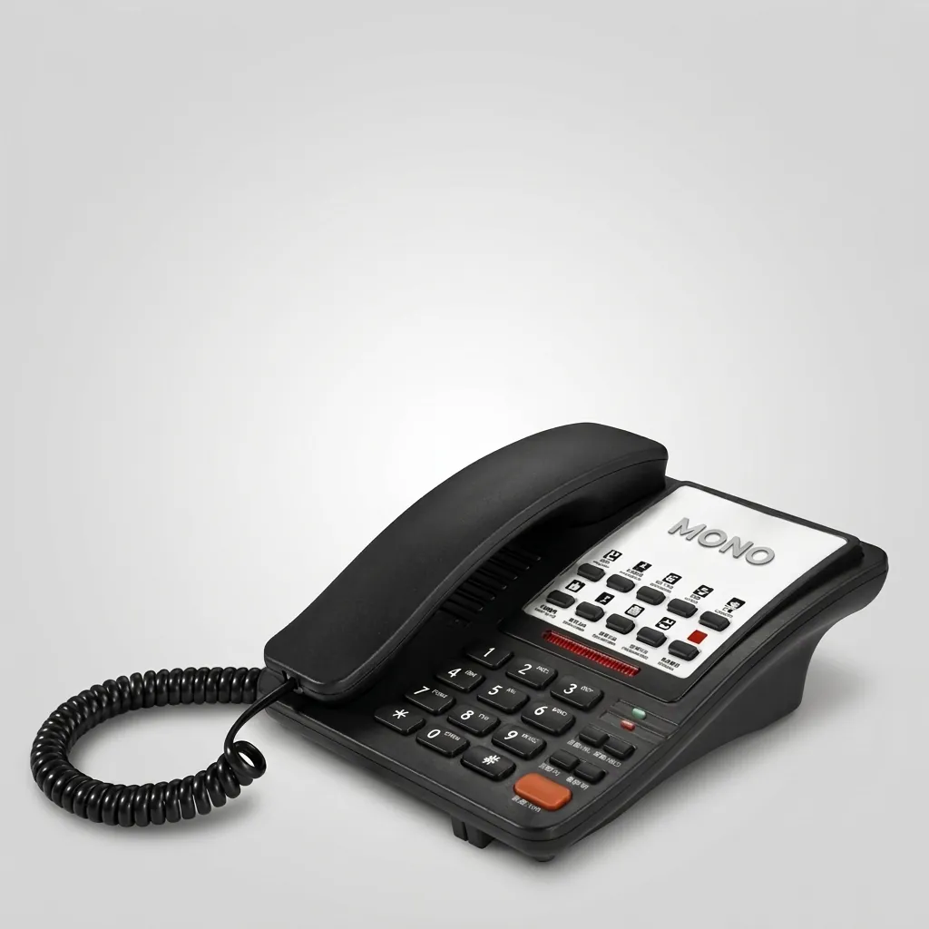 Hotel Desk Telephone with One-Touch Buttons [1040] — TEL-1040 — A hotel desk telephone with a customisable logo panel and one-touch service buttons, built with thunder-proof, anti-EMI and waterproof protection. Compatible with major PABX systems, it offers 14-digit memory, adjustable flash time and music on hold. Desk mountable with a data socket, finished in black. (image 1)