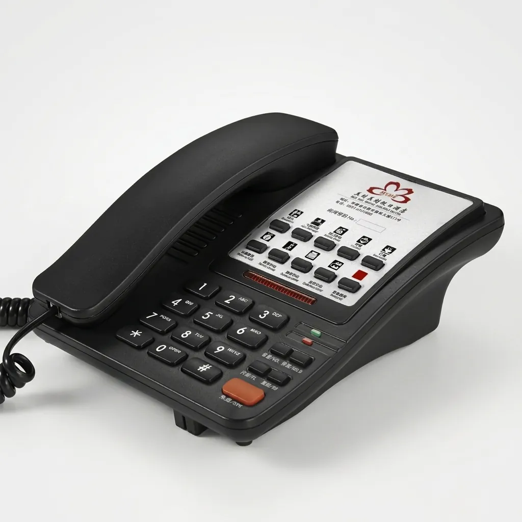 Hotel Desk Telephone with One-Touch Buttons [1040] — TEL-1040 — A hotel desk telephone with a customisable logo panel and one-touch service buttons, built with thunder-proof, anti-EMI and waterproof protection. Compatible with major PABX systems, it offers 14-digit memory, adjustable flash time and music on hold. Desk mountable with a data socket, finished in black. (image 2)