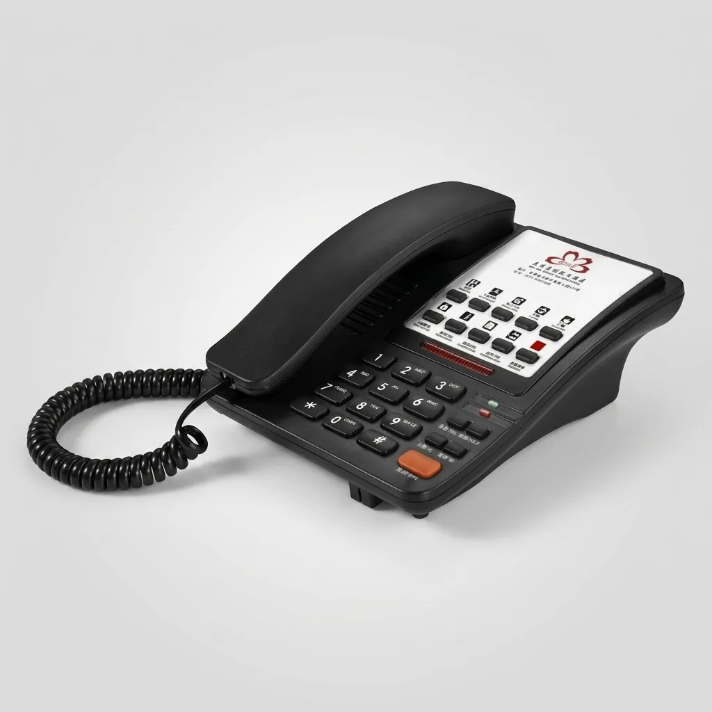 Hotel Desk Telephone with One-Touch Buttons [1040] — TEL-1040 — A hotel desk telephone with a customisable logo panel and one-touch service buttons, built with thunder-proof, anti-EMI and waterproof protection. Compatible with major PABX systems, it offers 14-digit memory, adjustable flash time and music on hold. Desk mountable with a data socket, finished in black. (image 3)