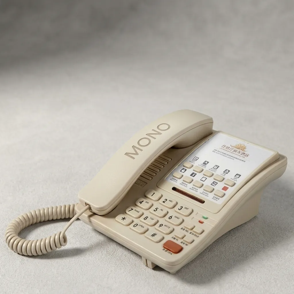 Hotel Desk Telephone with One-Touch Buttons [1041] — TEL-1041 — A hotel desk telephone with a customisable logo panel and one-touch service buttons, built with thunder-proof, anti-EMI and waterproof protection. Compatible with major PABX systems, it features 14-digit memory, adjustable flash time and music on hold. Desk mountable with a data socket, finished in beige. (image 1)