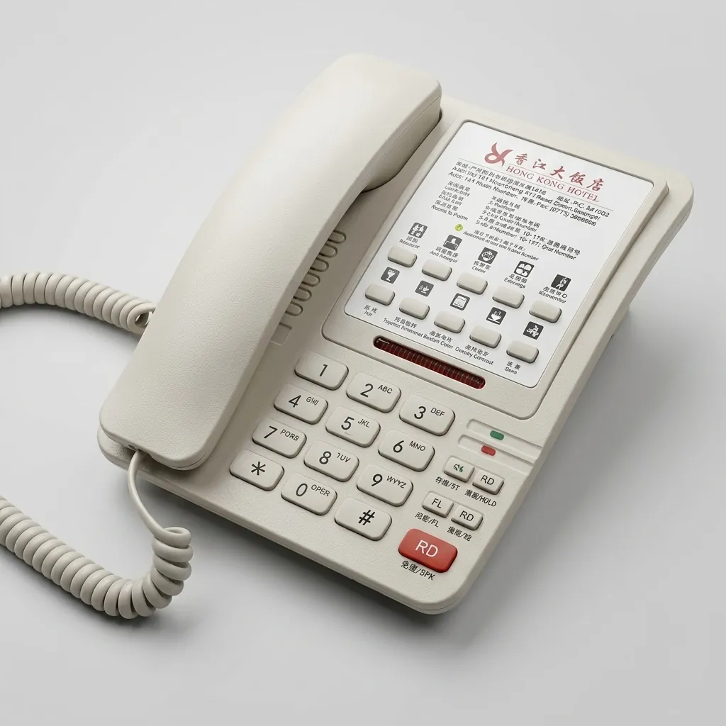 Hotel Desk Telephone with One-Touch Buttons [1041] — TEL-1041 — A hotel desk telephone with a customisable logo panel and one-touch service buttons, built with thunder-proof, anti-EMI and waterproof protection. Compatible with major PABX systems, it features 14-digit memory, adjustable flash time and music on hold. Desk mountable with a data socket, finished in beige. (image 2)
