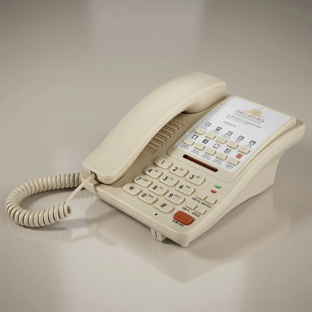 Hotel Desk Telephone with One-Touch Buttons [1041] — TEL-1041 — A hotel desk telephone with a customisable logo panel and one-touch service buttons, built with thunder-proof, anti-EMI and waterproof protection. Compatible with major PABX systems, it features 14-digit memory, adjustable flash time and music on hold. Desk mountable with a data socket, finished in beige. (image 3)