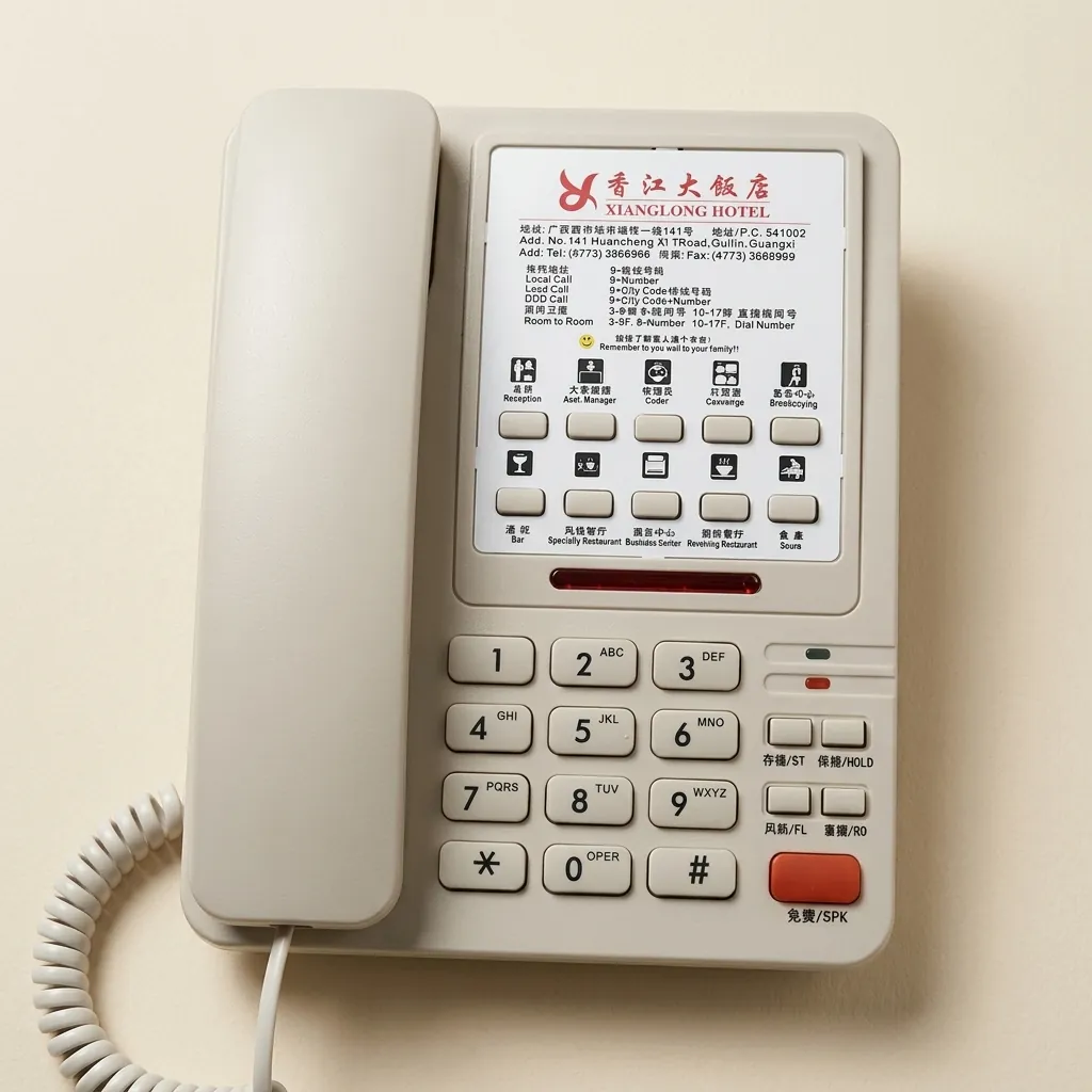Hotel Desk Telephone with One-Touch Buttons [1041] — TEL-1041 — A hotel desk telephone with a customisable logo panel and one-touch service buttons, built with thunder-proof, anti-EMI and waterproof protection. Compatible with major PABX systems, it features 14-digit memory, adjustable flash time and music on hold. Desk mountable with a data socket, finished in beige. (image 4)