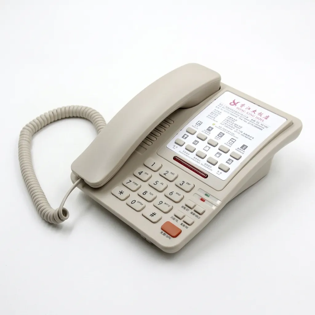 Hotel Desk Telephone with One-Touch Buttons [1041] — TEL-1041 — A hotel desk telephone with a customisable logo panel and one-touch service buttons, built with thunder-proof, anti-EMI and waterproof protection. Compatible with major PABX systems, it features 14-digit memory, adjustable flash time and music on hold. Desk mountable with a data socket, finished in beige. (image 5)