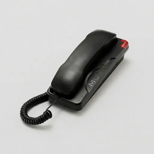 Hotel Desk Telephone [1044] — TEL-1044 — A hotel desk telephone with an ergonomic design, soft ring tone and a dedicated SOS emergency call key. Adjustable flash time and ringer control, auto-redial, flash and transfer and mute make it practical, with protection against EMI, moisture and lightning. Desk or wall mountable, finished in black.