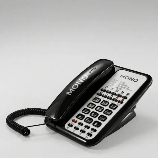 Hotel Desk Telephone with USB Charging Port [1046] — TEL-1046 — A hotel desk telephone with a built-in USB charging port and a customisable logo panel, built on stable SMT circuitry for low maintenance. One-touch service buttons, 14-digit memory and adjustable speaker and ring volumes ease daily use, with broad PBX compatibility. Finished in black.