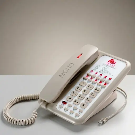 Hotel Desk Telephone with USB Charging Port [1047] — TEL-1047 — A hotel desk telephone with a built-in USB charging port and a customisable logo panel, built on stable SMT circuitry for low maintenance. One-touch service buttons, 14-digit memory and adjustable speaker and ring volumes ease daily use, with broad PBX compatibility. Finished in beige.