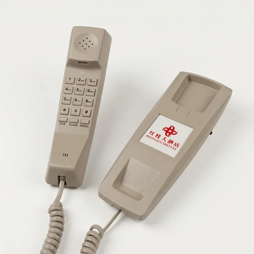 Hotel Desk Telephone [1049] — TEL-1049 — A hotel desk telephone with an ergonomic design, soft ring tone and a dedicated SOS emergency call key. Adjustable flash time and ringer control, auto-redial, flash and transfer and mute round out the features, with protection against EMI, moisture and lightning. Desk or wall mountable, finished in beige. (image 2)